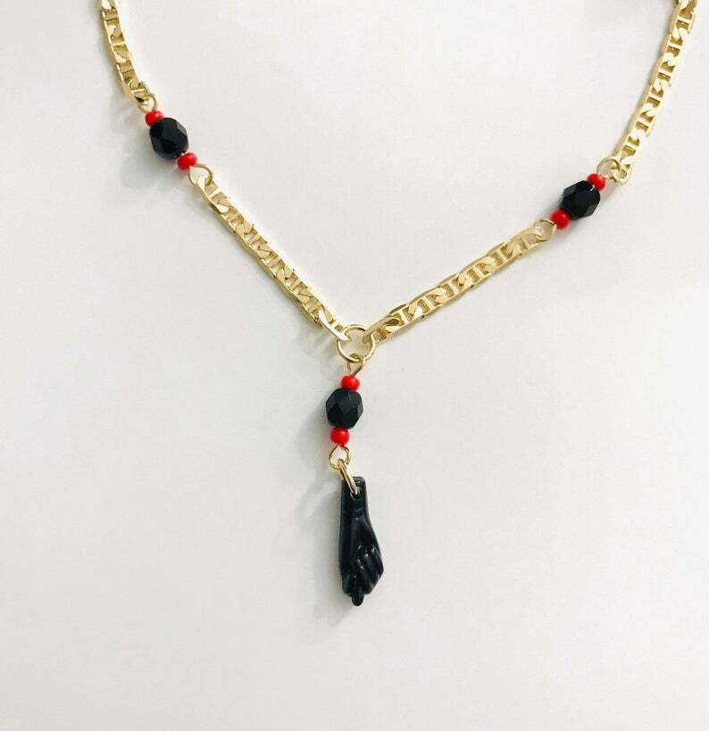 18K GOLD FILLED AZABACHE ANKLET 10″ / TOBILLERA MANO AZABACHE 10″ – A22