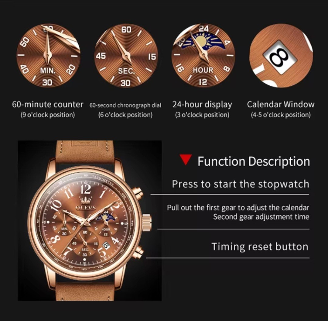 OLEVS Men’s Quartz Watch, Chronograph, Leather Strap Waterproof Wristwatch.