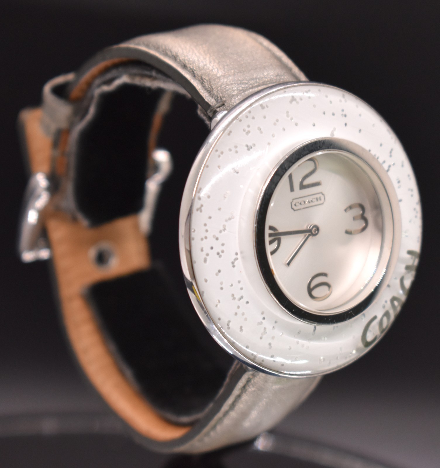 COACH Poppy Glitter Bubble Bezel Watch Women Leather 38.7.29.0422 NEW BATTERY