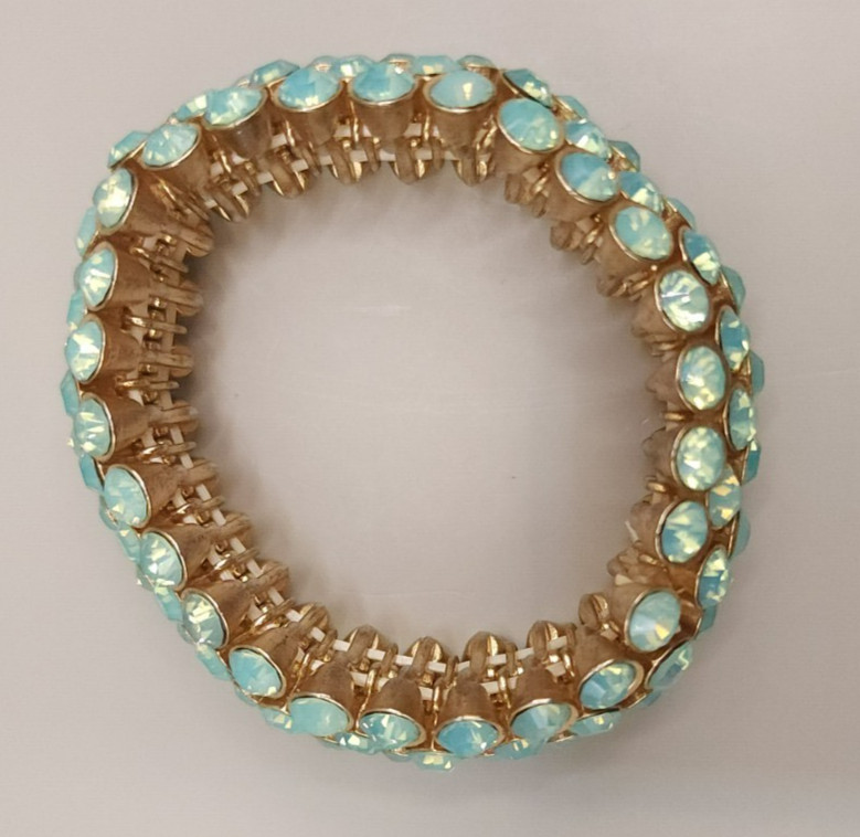 Chunky Aqua Blue Rhinestone Multi Row Stretch Bracelet Gold Tone Statement 3.1oz