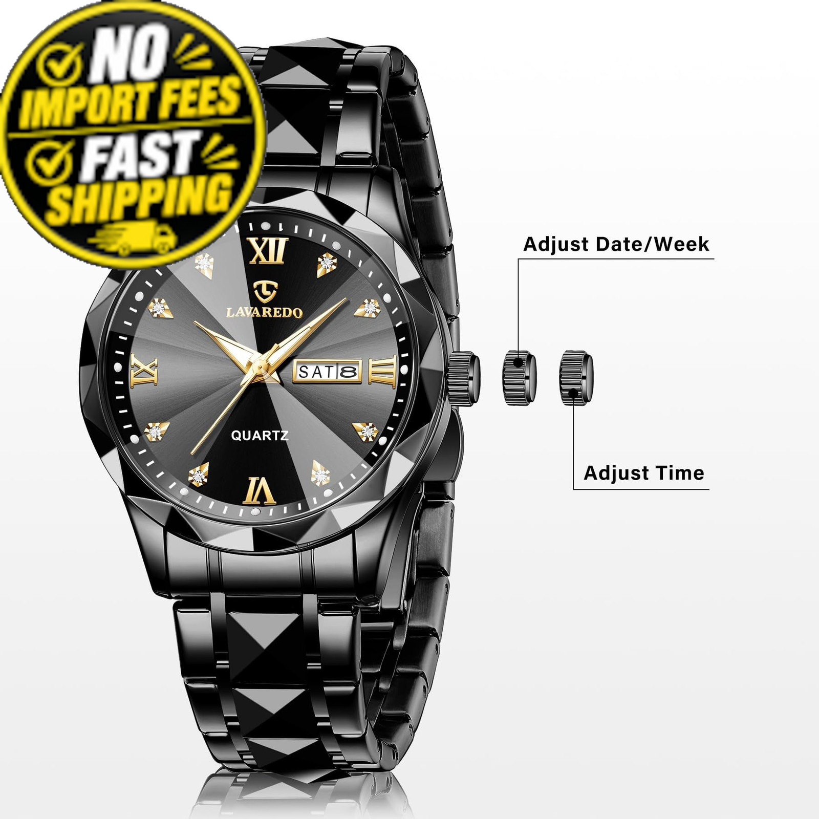 VTAIGE Mens Watches Stainless Steel Waterproof Luminous Date Two AllBlack