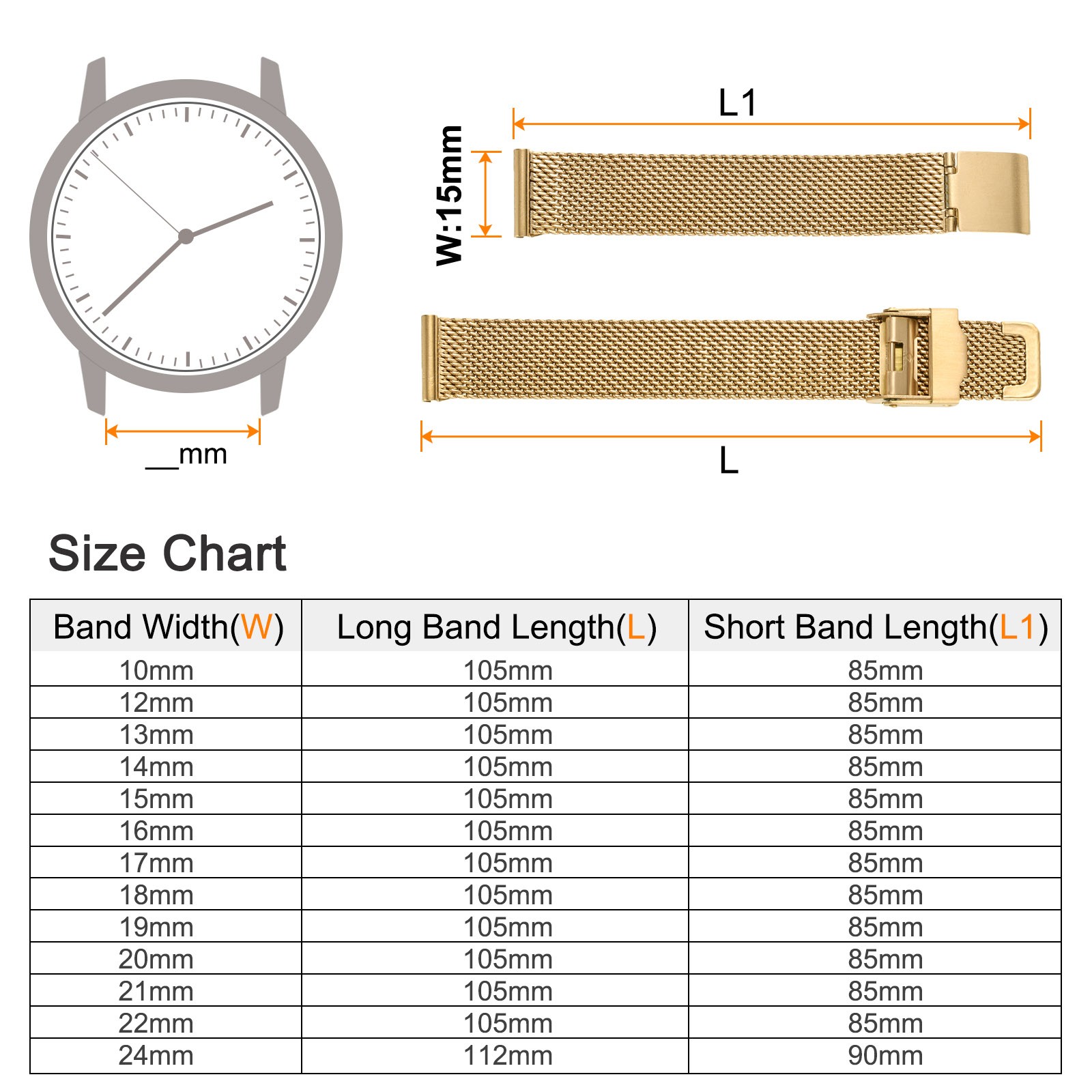 316L Stainless Steel Mesh Watch Band 15mm Quick Release Adjust Strap – Gold