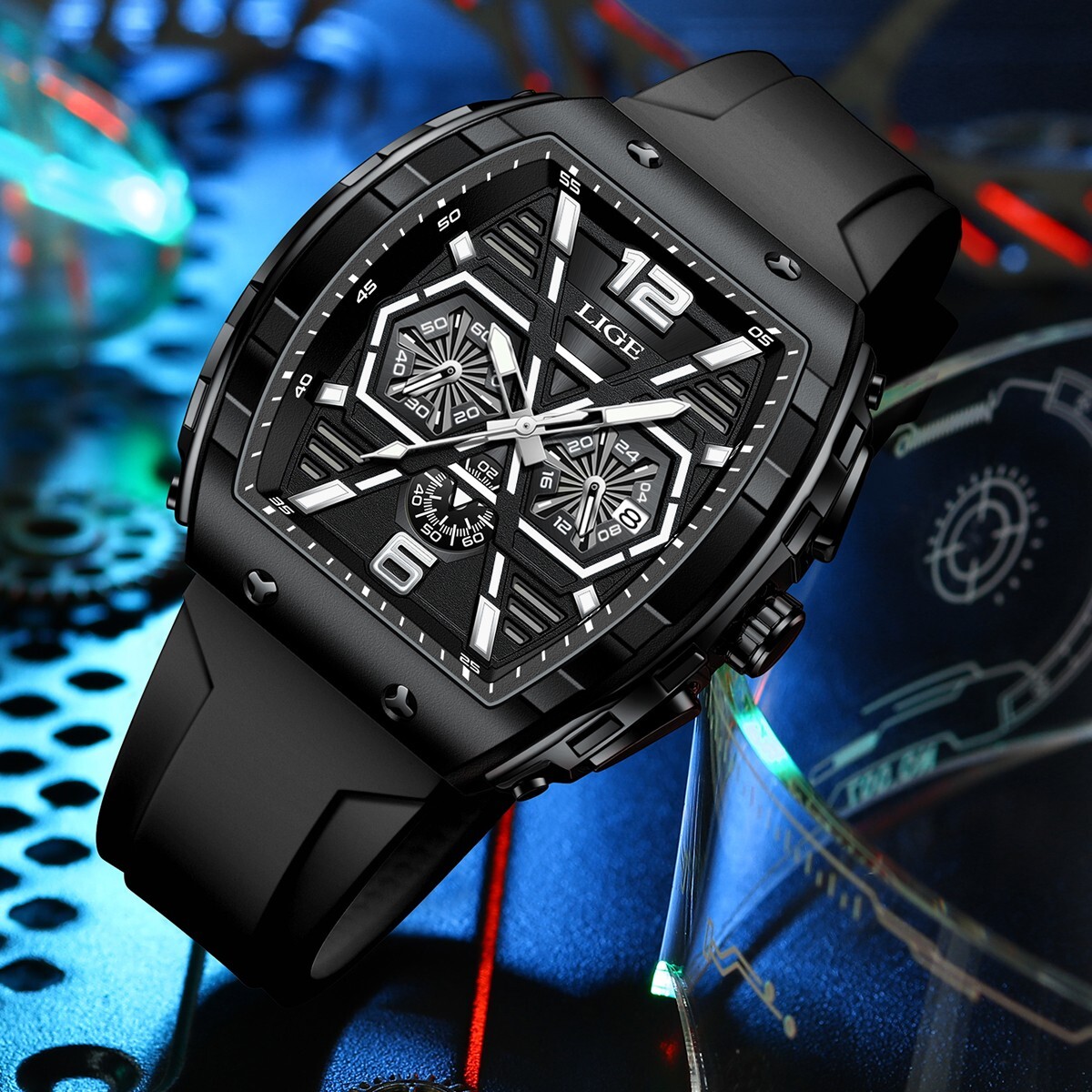 Men Watch Quartz Date Luminous Big Square Dial 5ATM Waterproof Sport Wristwatch