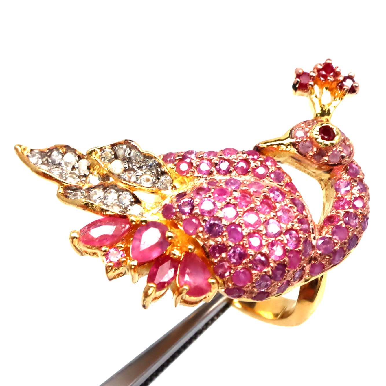 925 Silver Red Ruby, Sapphire & Zircon Birthstone Peacock Ring Size 7.75
