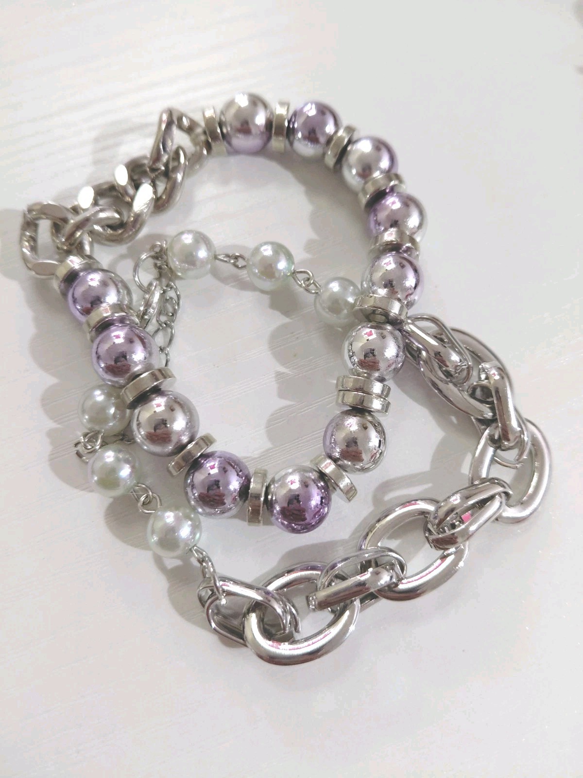 Paparazzi Tone Cable Chain Charm Bracelet Purple Round Beads Lobster Clasp Stack