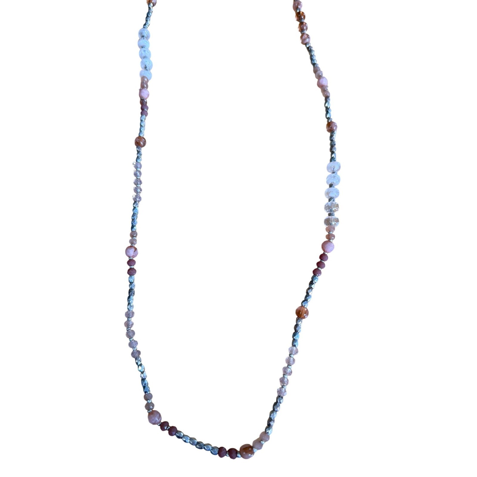 Bohemian Pink Peach Stone Beaded Long Strand Necklace Silver Accents