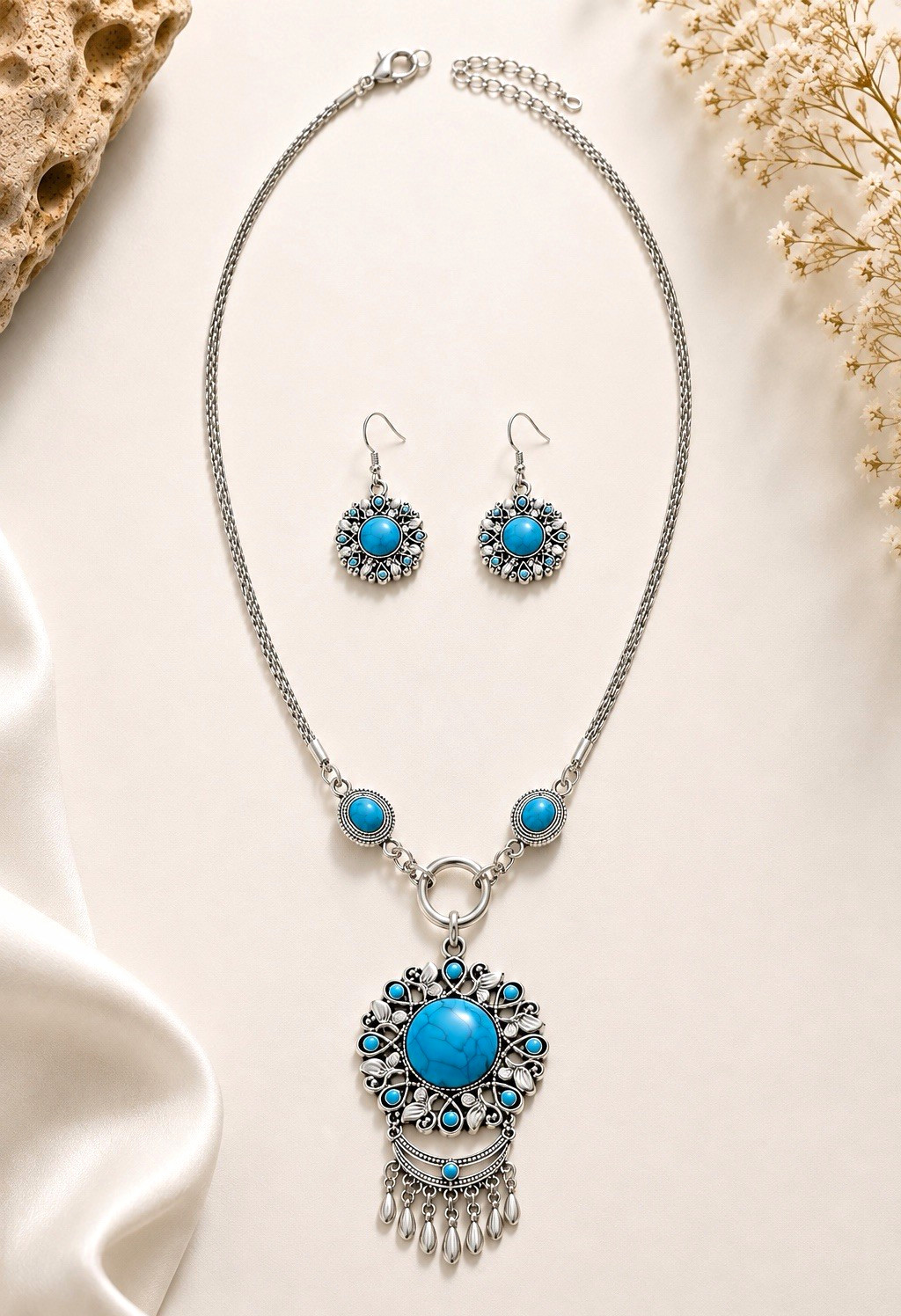 Silver Plated Turquoise Necklace & Earrings Set Vintage Boho Statement Jewelry