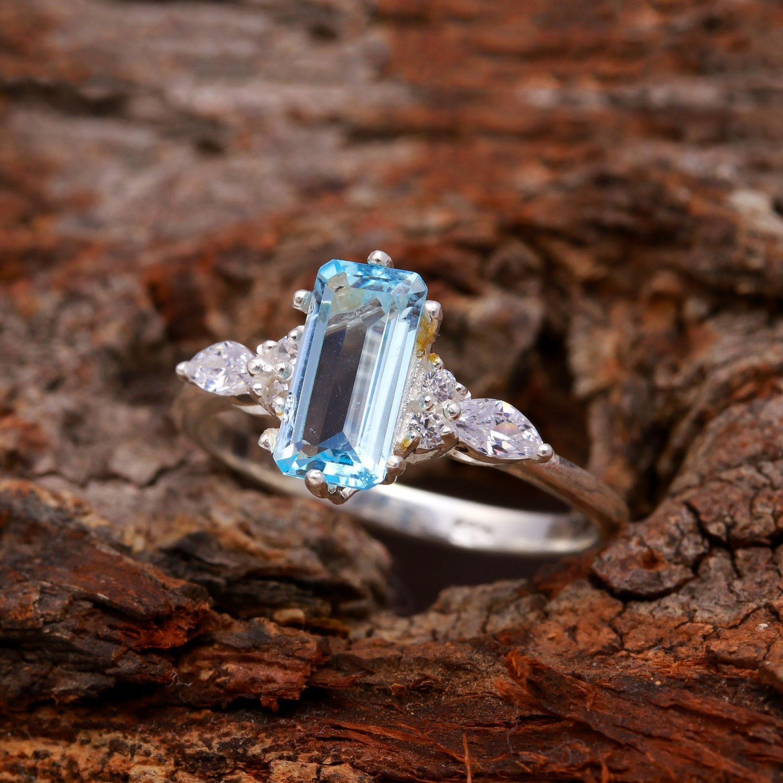 Natural Sky Blue Topaz Octagon Ring 925 Sterling Silver Jewelry Christmas Gift