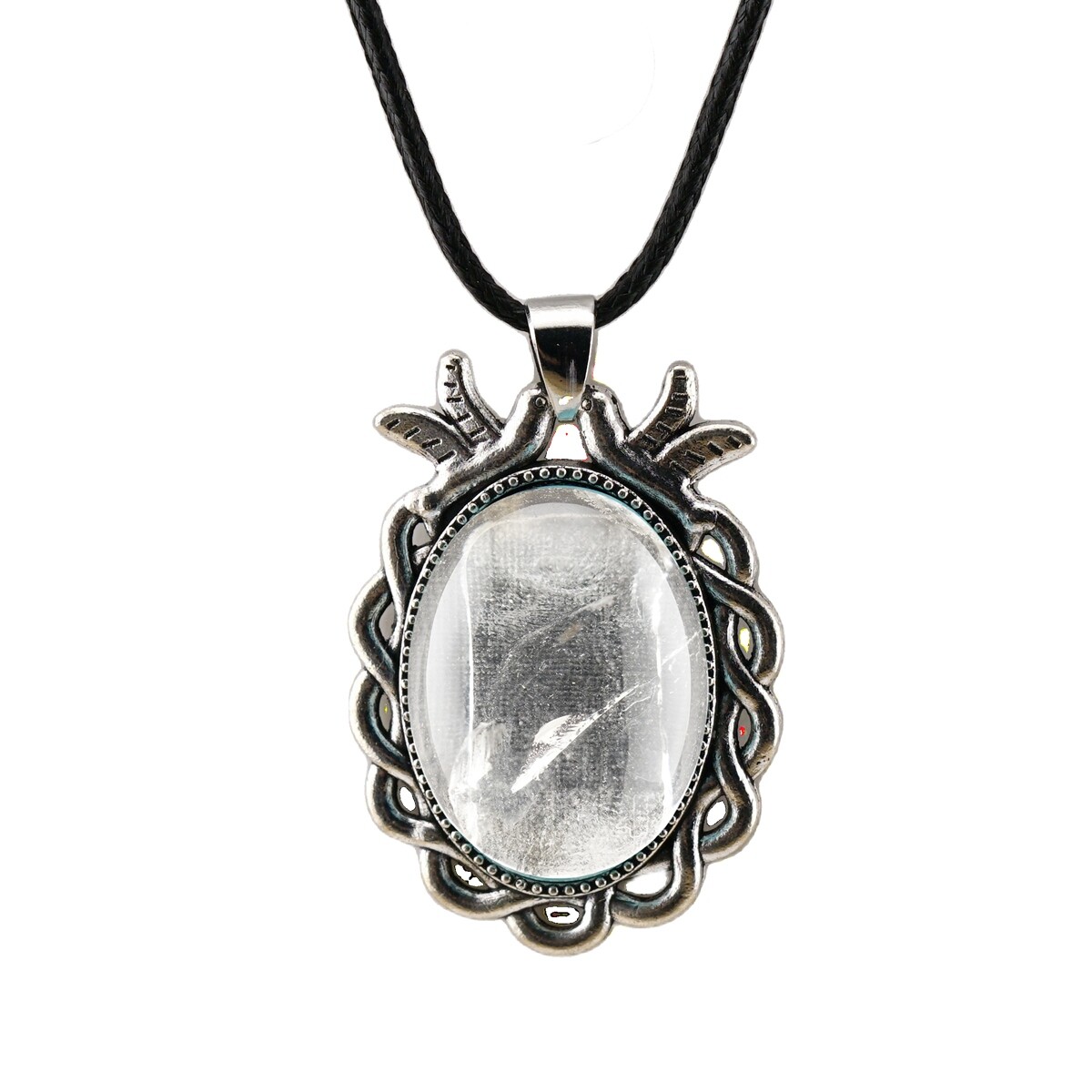 Natural Gemstone Oval Pendant with Lace and Bird Feather Wrapped Necklace