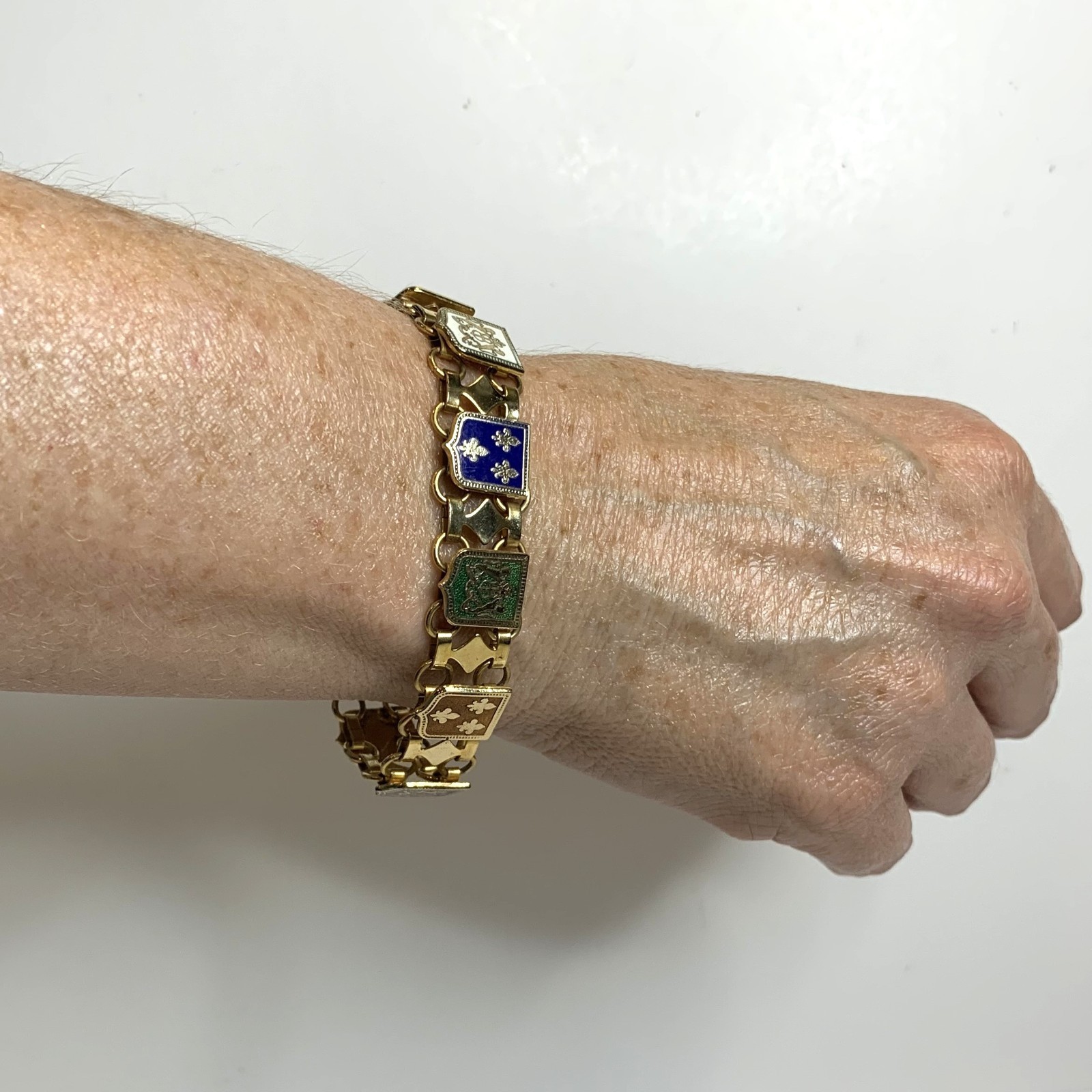 Vintage Gold Tone Enamel French Style Coat of Arms & Fleur De Lis Bracelet