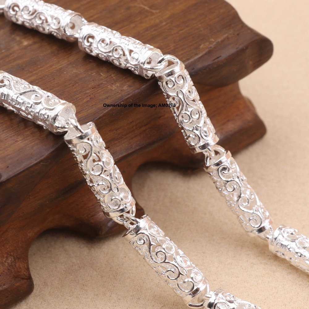 Real 999 Fine Silver Floral Tube Link Chain Necklace 6mm Width Filigree Jewelry