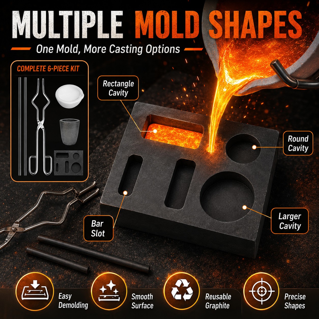 6PCS Graphite Ingot Crucible Mold Kit for Gold Silver Copper Torch Melting Tool