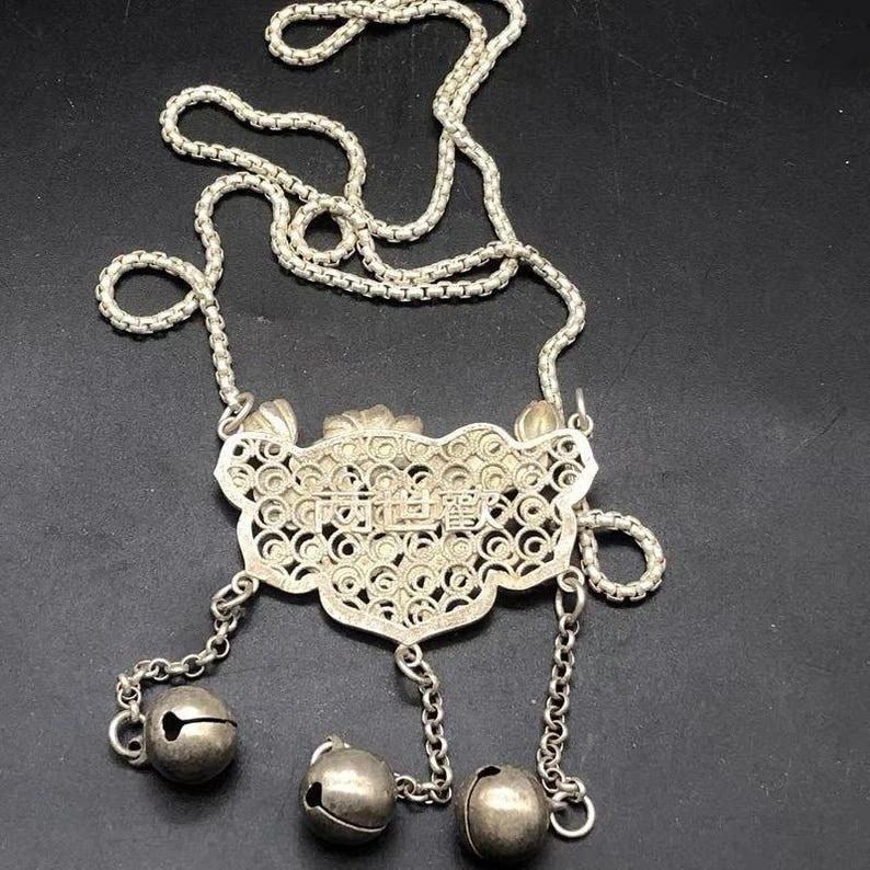 Vintage Lotus Fish Lock Necklace Bell Tassel Ethnic Alloy Long Chain Pendant