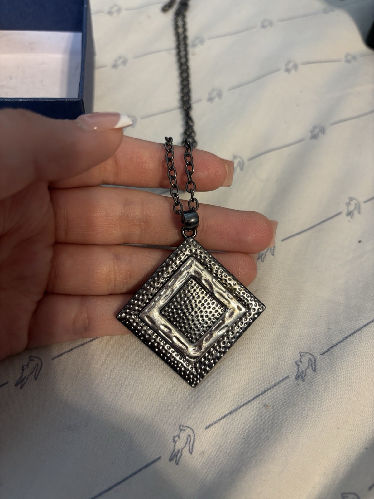 Gray Metal Square Charm Pendant Necklace Cable Chain Lobster Clasp