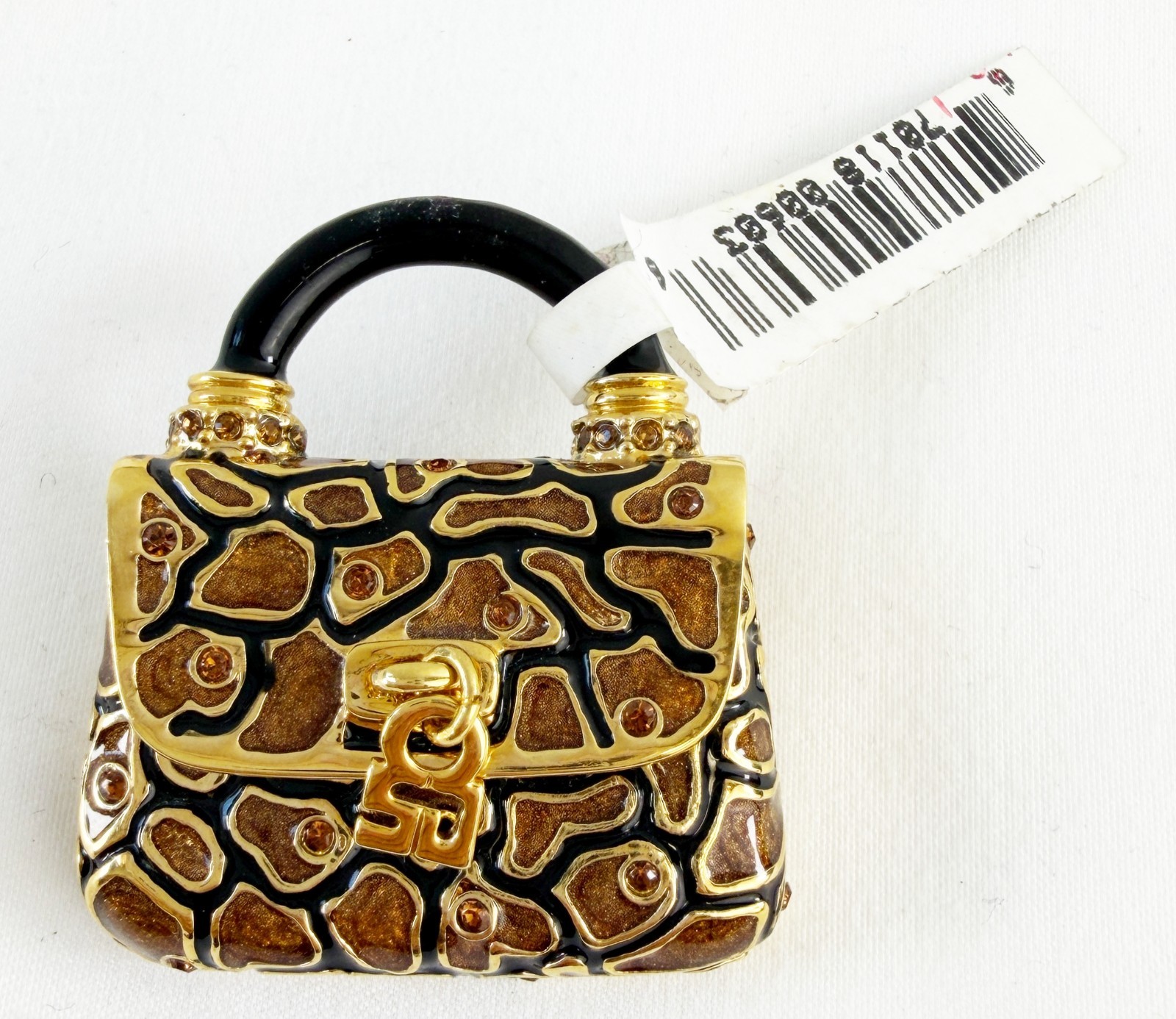 NEW ST. JOHN Handbag Pin Giraffe Brown Enamel Crystal 24KGP Logo Brooch Enhancer