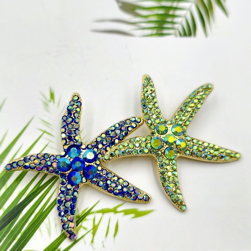 2Pcs Elegant Rhinestone Starfish Brooches Zinc Alloy Beach Theme Party Gift