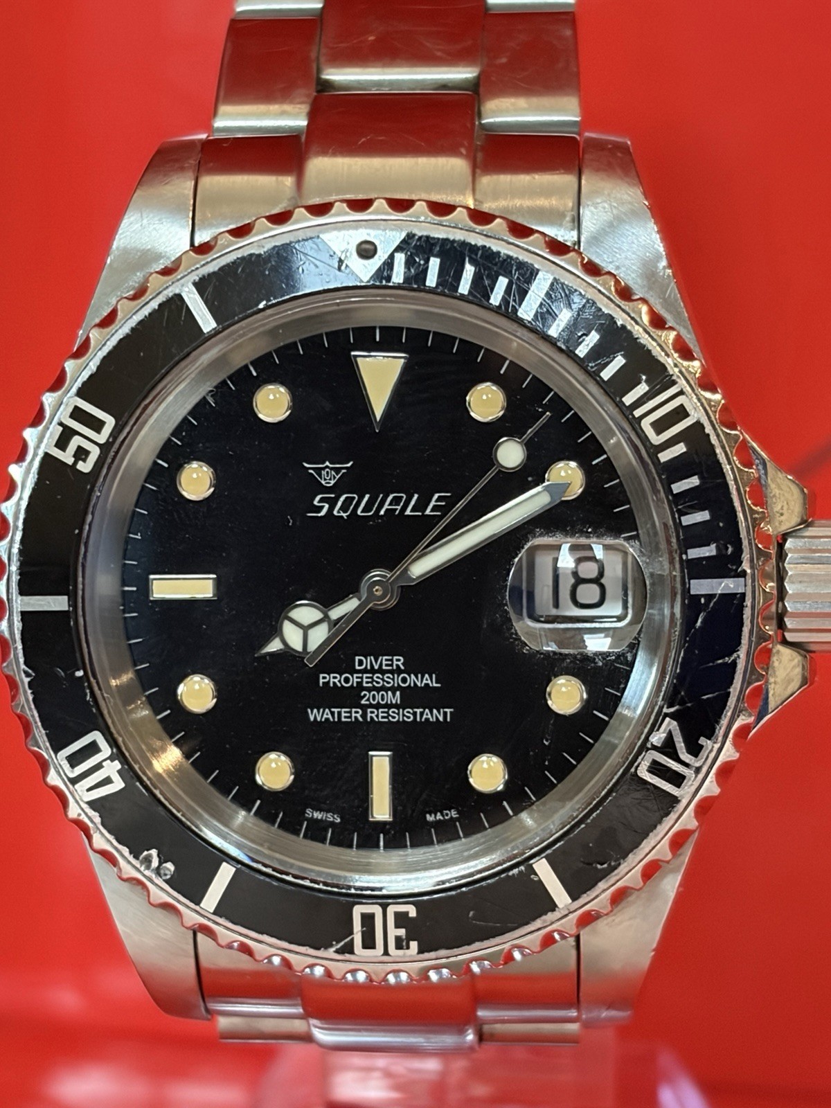Squale 1545 Swiss Automatic Diver 200m Black Dial Steel Bracelet Date Box