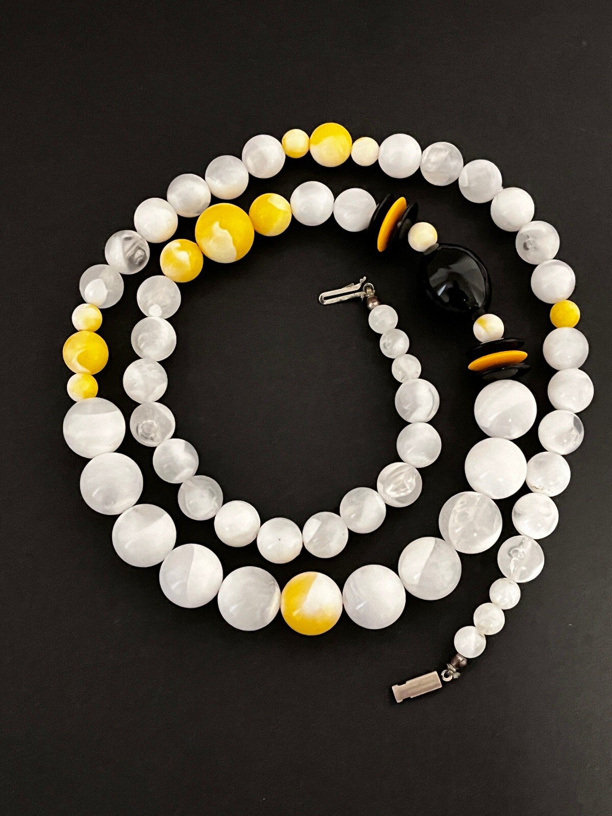 Vintage 1970’s Black Yellow White Clear Lucite Bead Necklace 31” Long