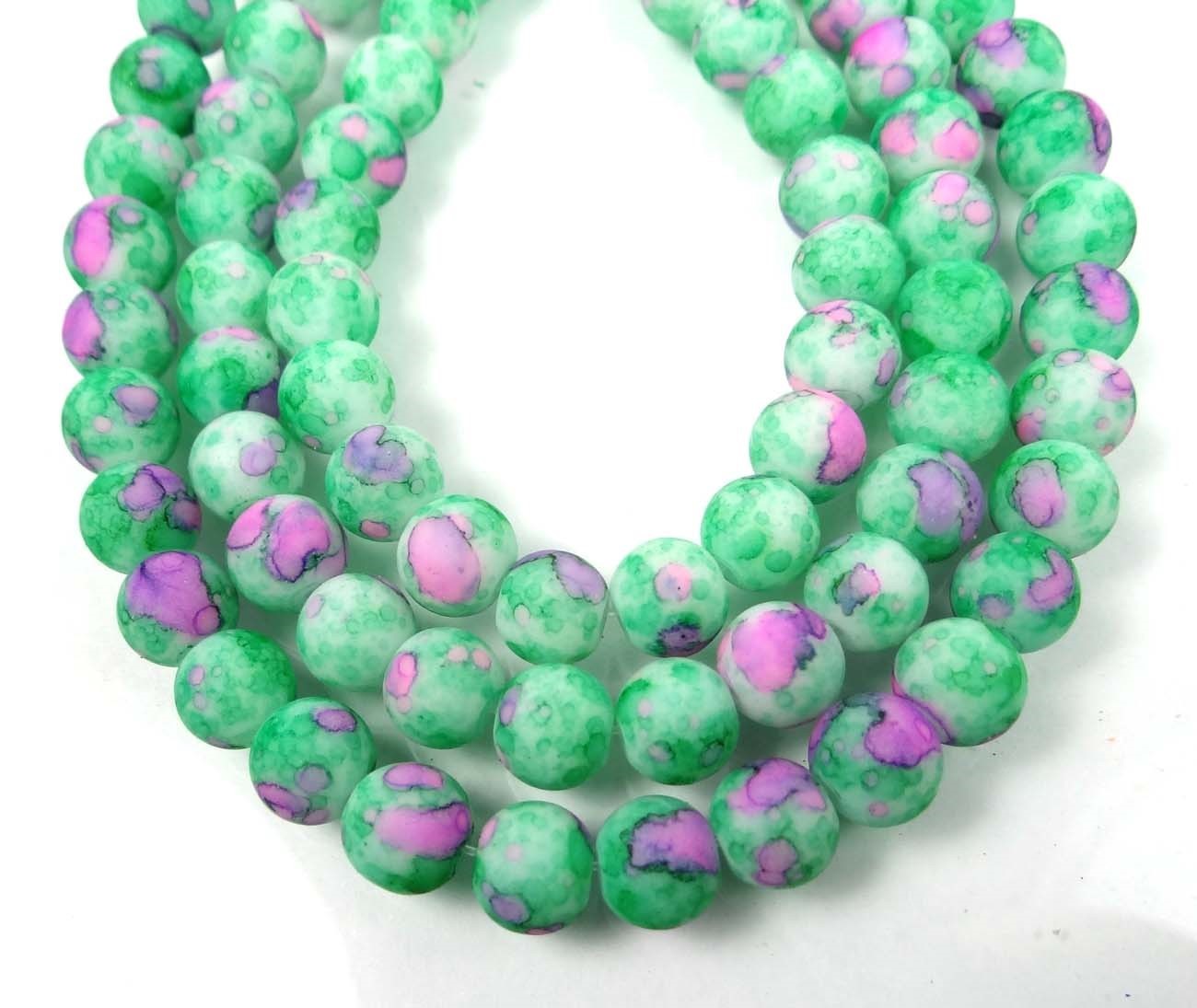 8mm Matte Frosted Neon Rubberized Glass Round Beads – Green Pink 16″
