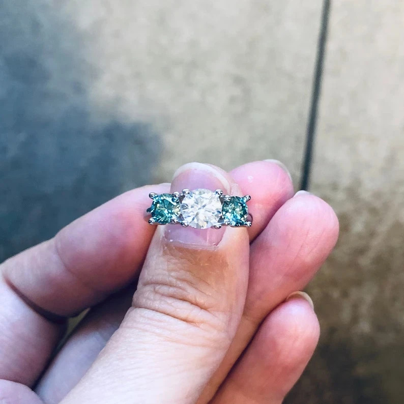3.50 Ct Certified White & Blue Diamond Ring-925 Silver. Great Shine !