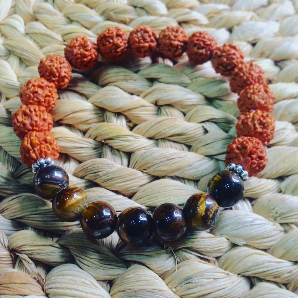 Rudraksha beads mala stretch bracelet with tiger eyes handmade unisex bracelet