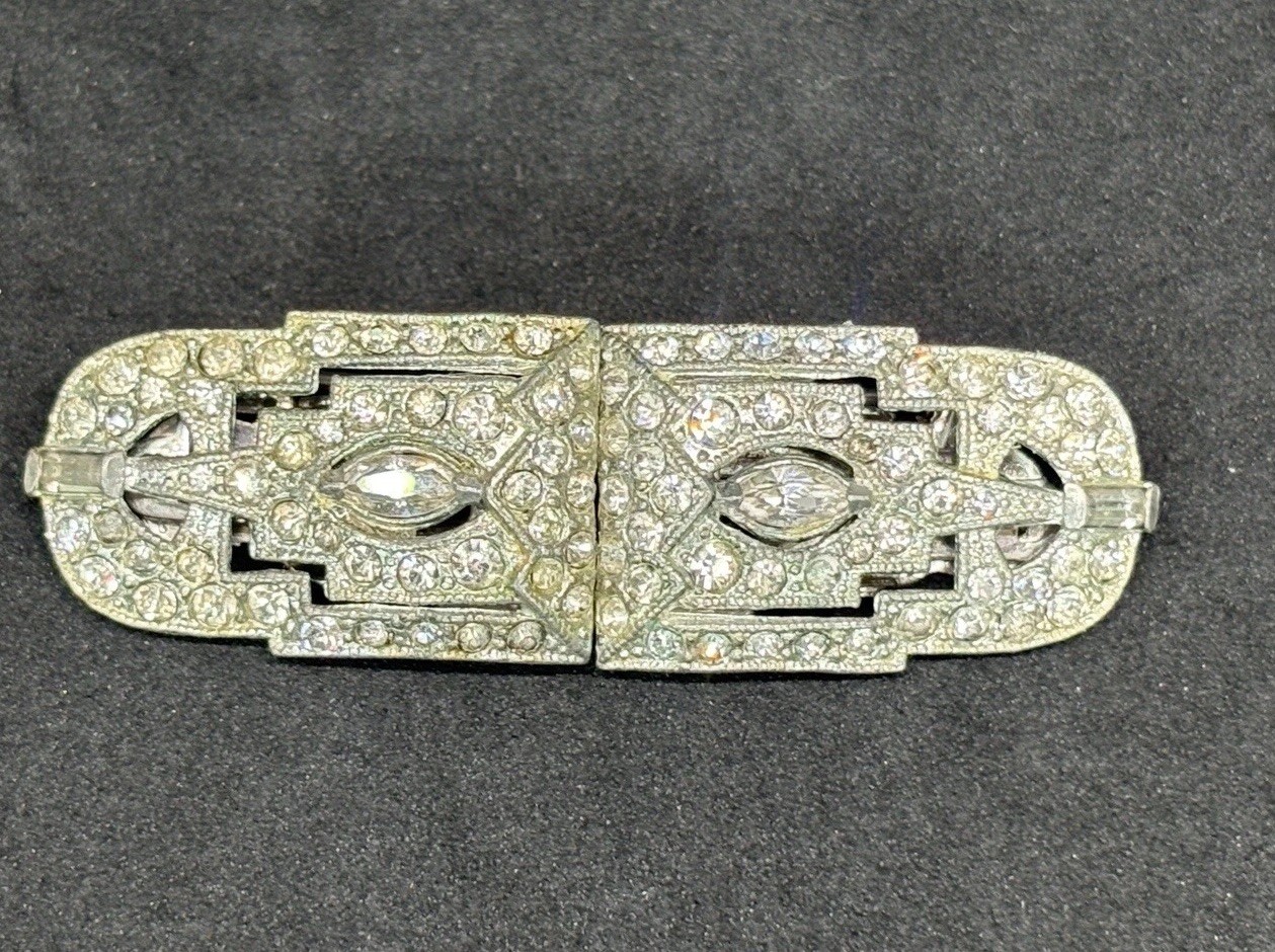 VTG Signed CORO DUETTE Clear Rhinestone Art DECO Dress Clips Brooch Pin