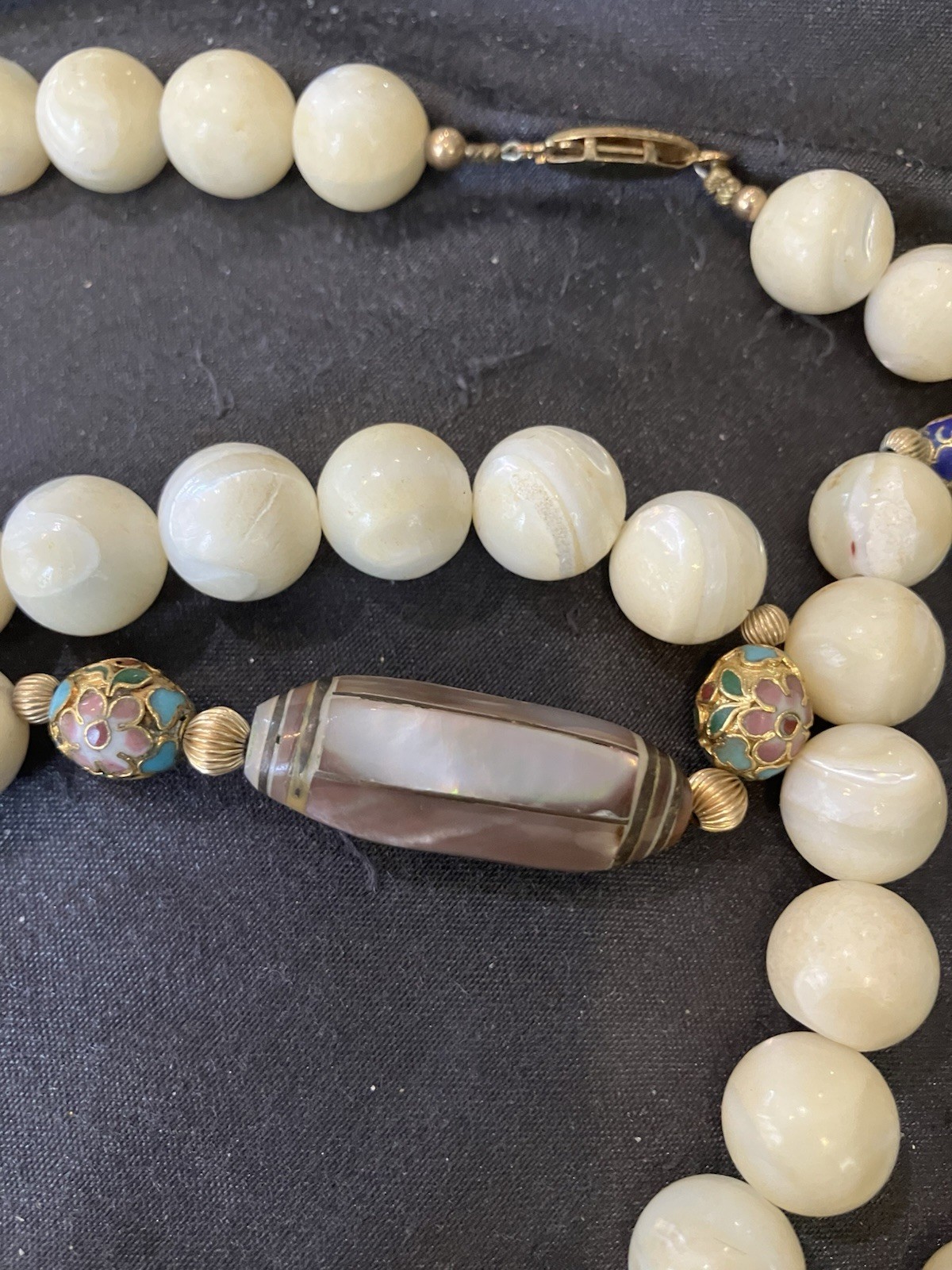 Vintage Chinese Export Mother Of Pearl MOP Cloisonne Enamel Beaded NECKLACE 33”