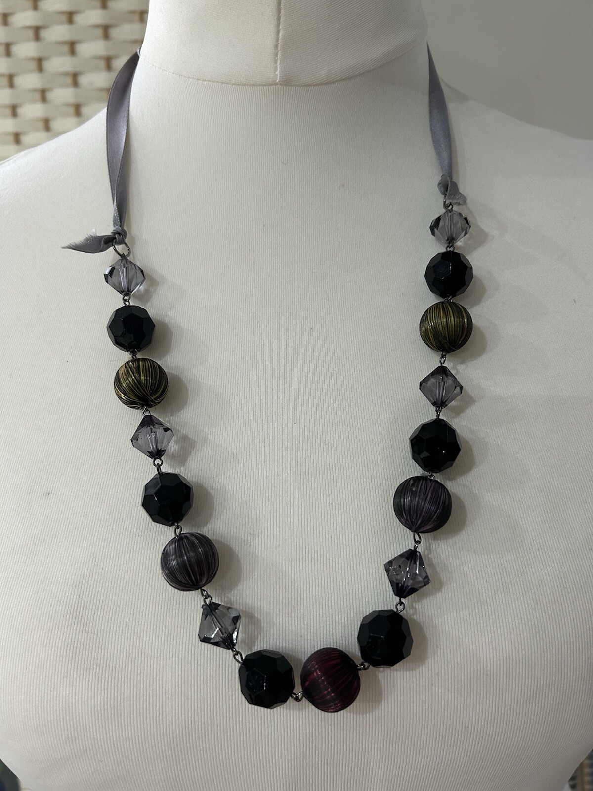 Boho Antique Designer Look Black & Multicolour Necklace Covered Bead Ribbon