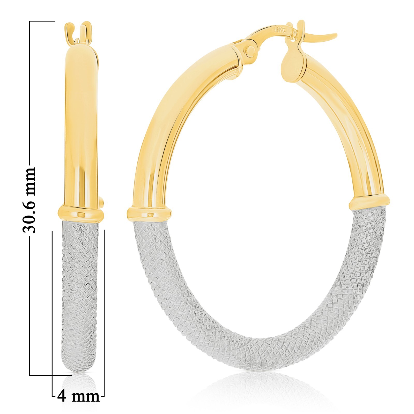 Italian 14k Yellow & White Gold Waffle Texure & Shine Hollow Hoop Earrings 1.2″