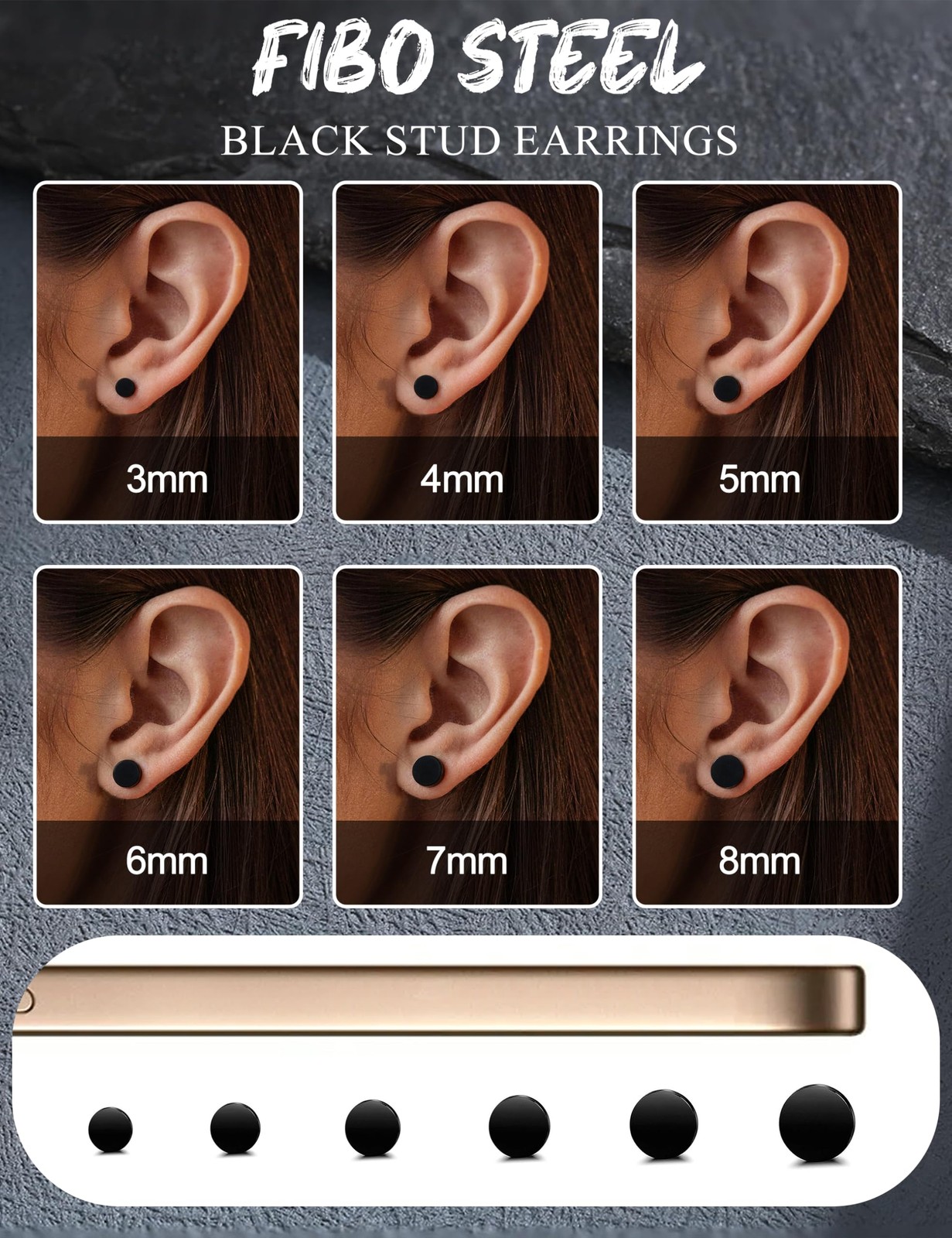 6 Pairs Stainless Steel Black Stud Earrings for Men Women Faux Gauges Ear Tunnel