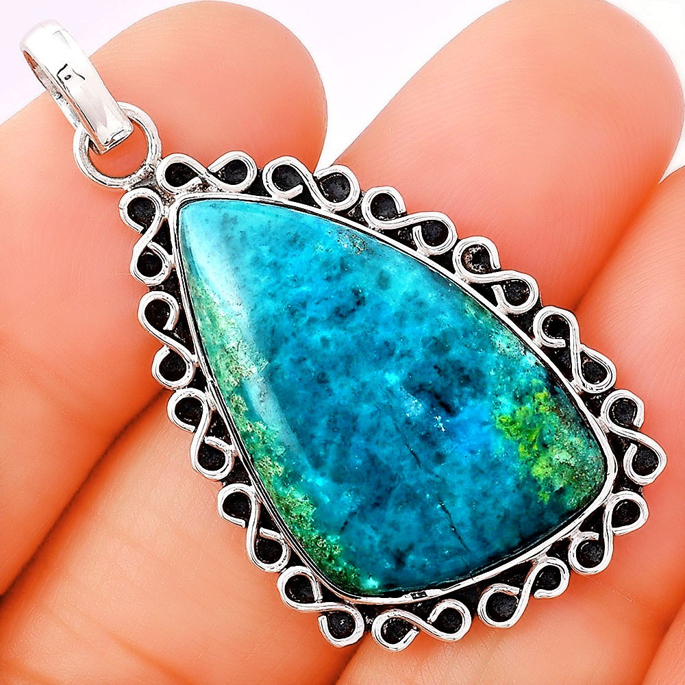 Natural Azurite Chrysocolla 925 Sterling Silver Pendant Jewelry P-1069