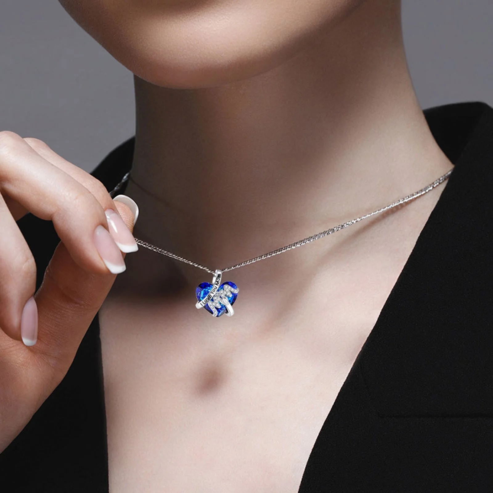 Heart Mom Pendant Necklace I Love You Mom Blue Crystal Silver Jewelry Gift