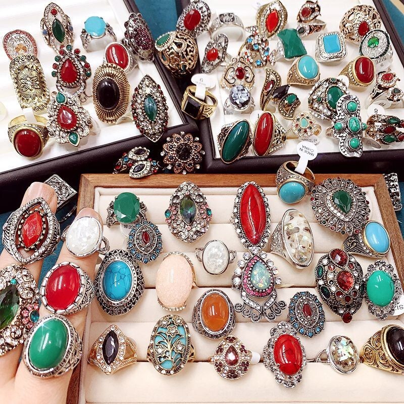 Wholesale 50pcs Lot Vintage Crystal Stone Mix Style Metal Jewelry Ring Men Women