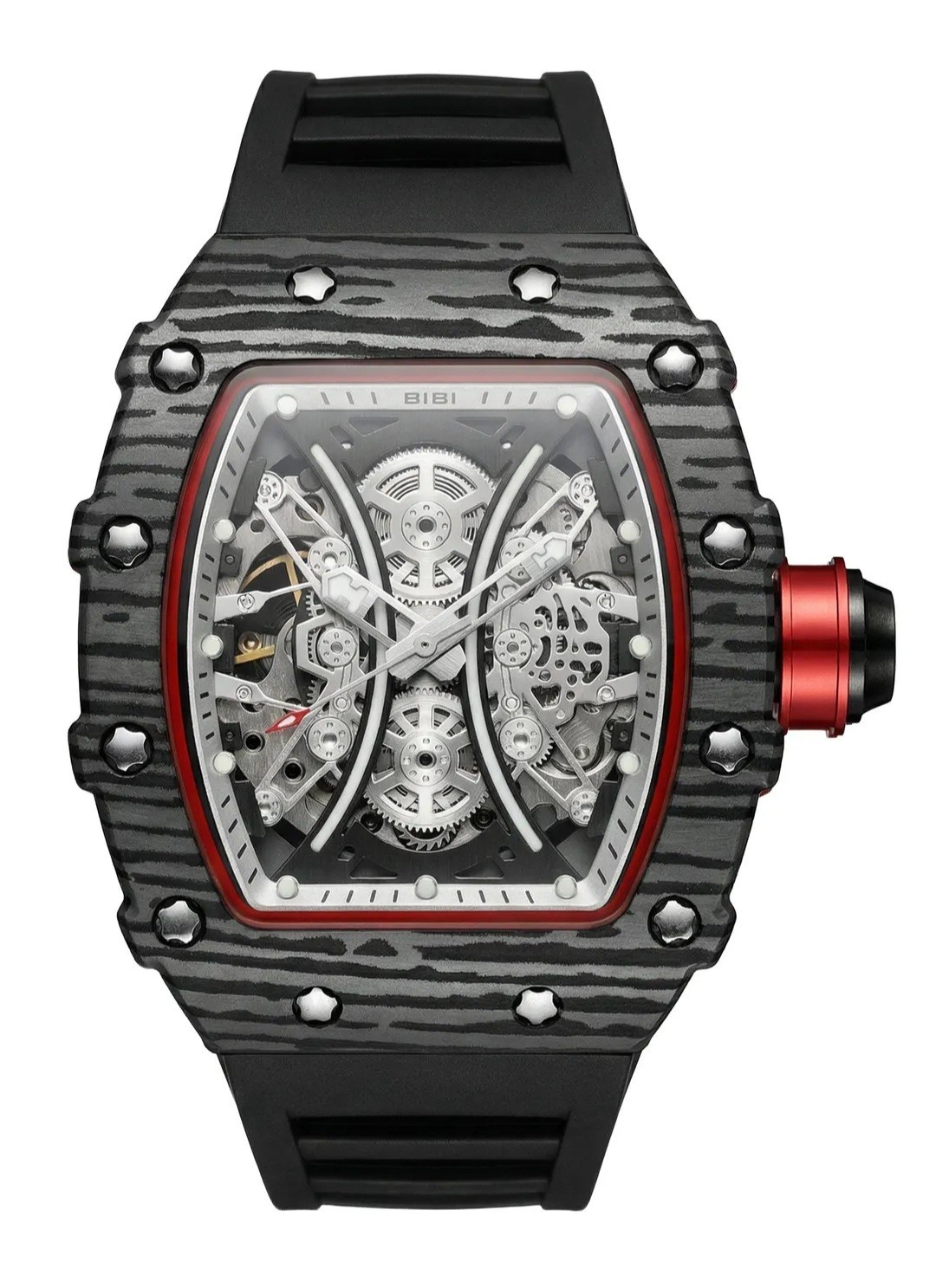 ​BiBi Luxury Skeleton Dial Quartz Watch Men’s Tonneau Case Black Rubber Strap