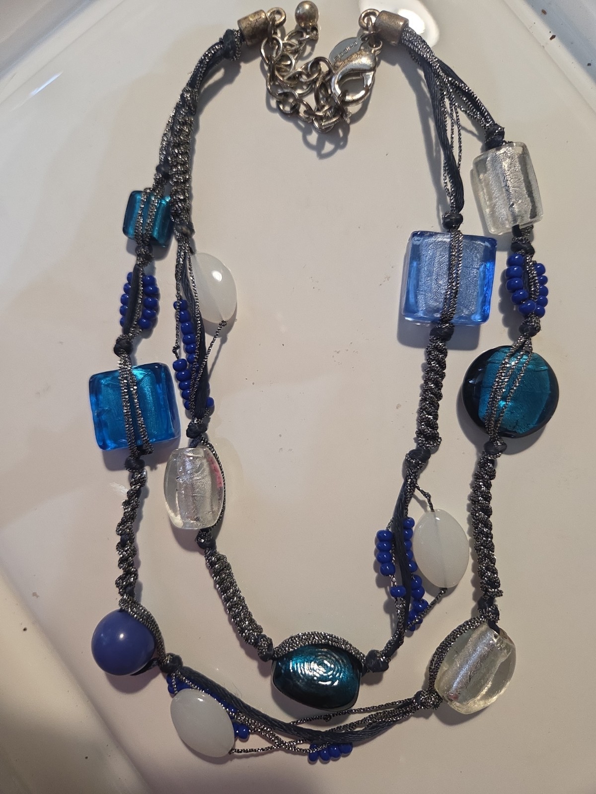 Chico’s Blue Glass Beaded Multi Strand Statement Necklace Adjustable Silver Tone