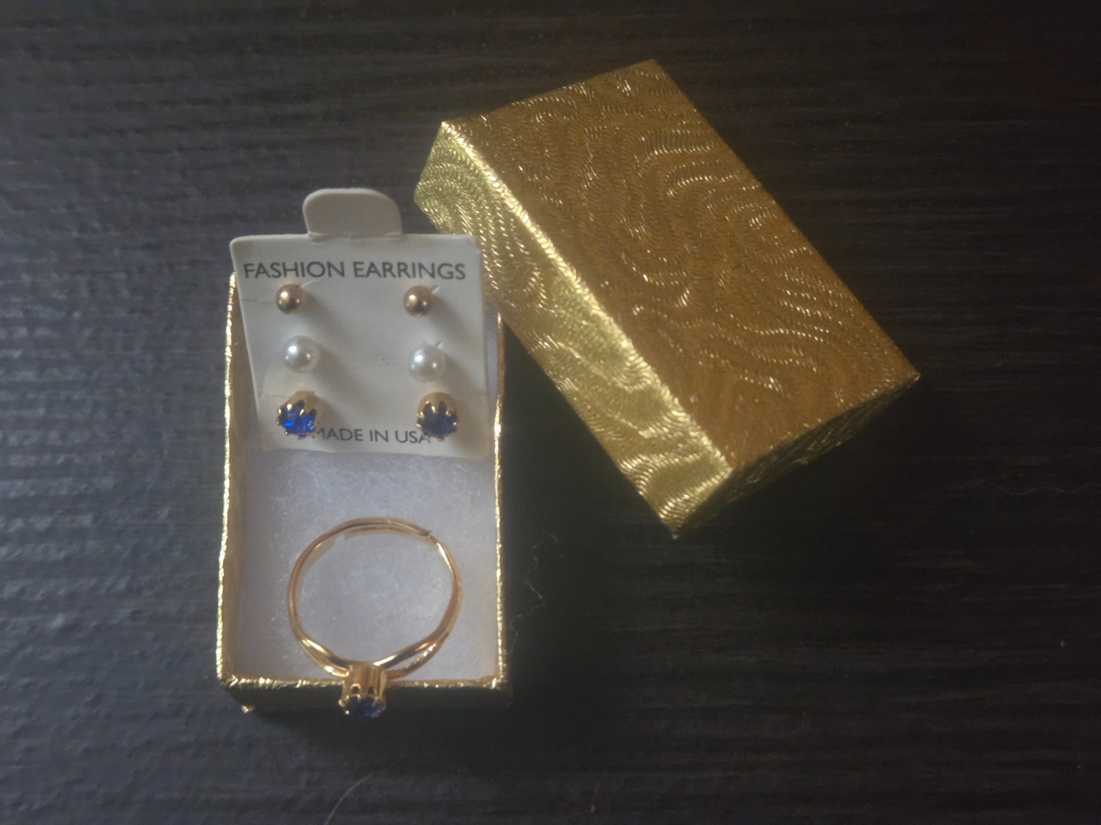 Vintage September Blue Sapphire Tone Ring & 3 Pair Stud Earrings Gift Set Boxed