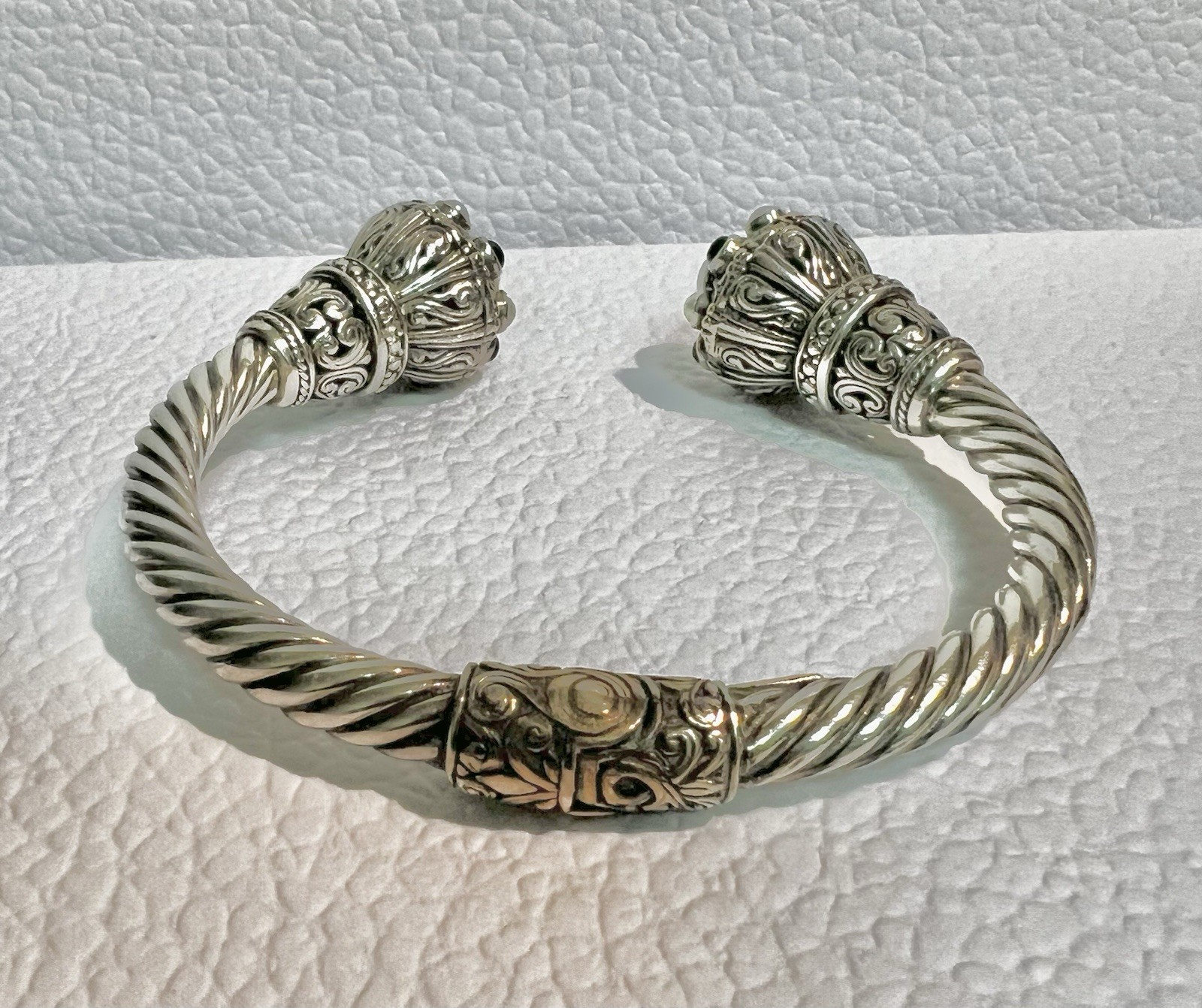 Vintage MIDAS 925 SS and 14K Twisted Cable Pearl Onyx Hinged Cuff Bracelet