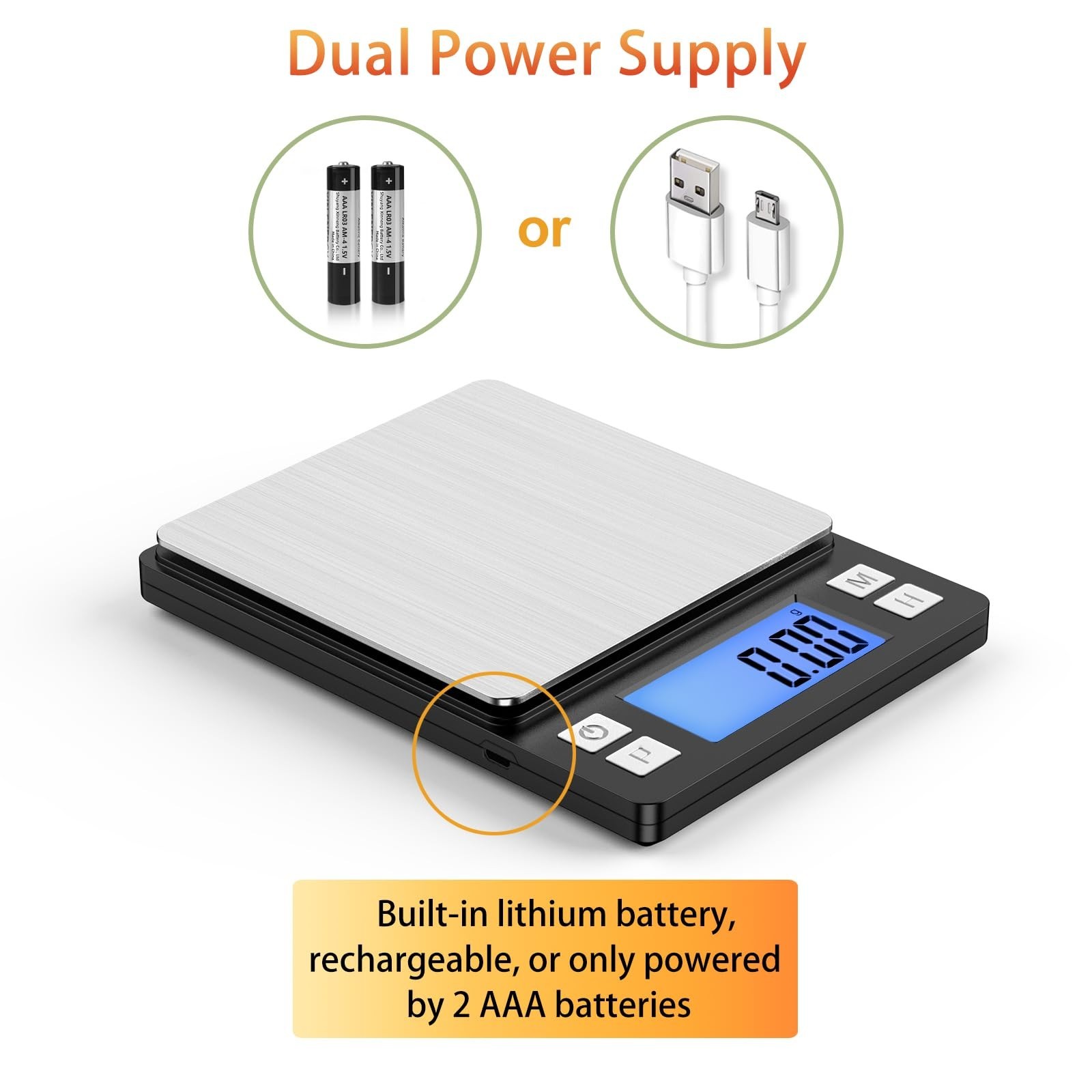 Small Digital Gram Scale 0.01g Precision, USB Rechargeable, 1kg Capacity, Larger