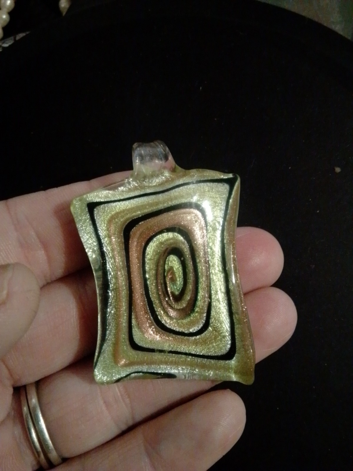 Vtg Vetro Artistico Murano Marked Rectangle Italian Glass Pendant Green Gold Blk