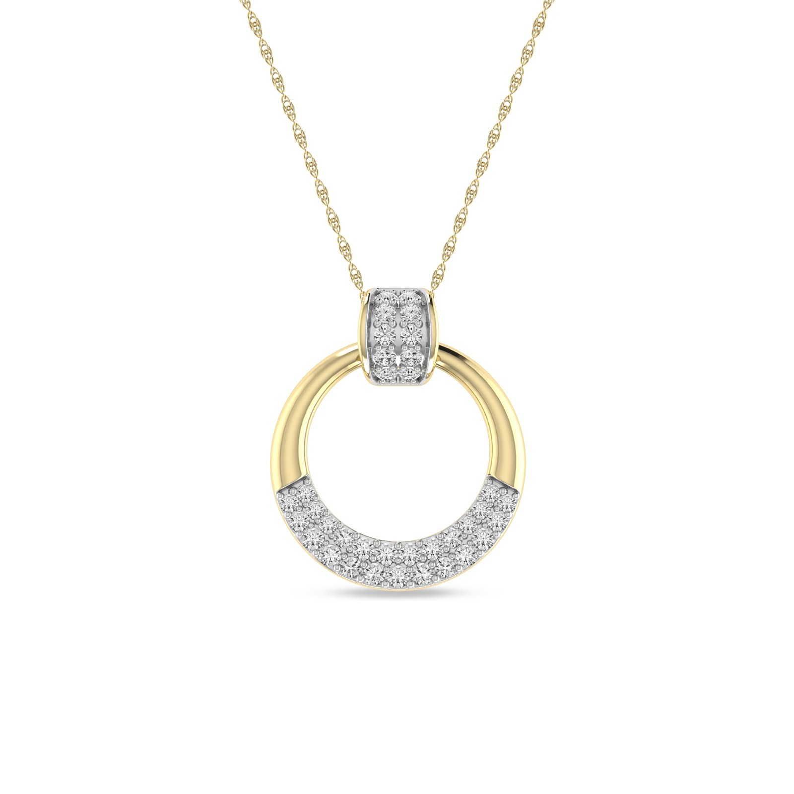 10K Yellow Gold Circle Pendant with 18″ Chain 1/5 Cttw Diamond Doorknocker Charm