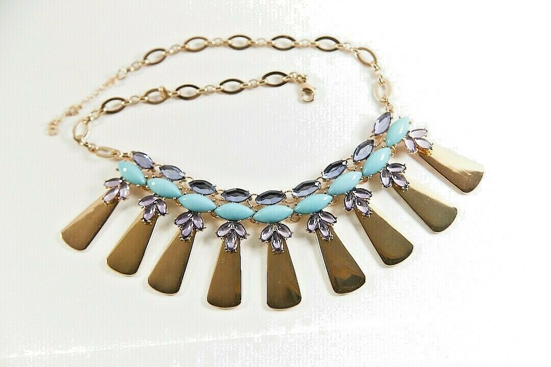 BAUBLEBAR Statement GoldTone Dangle Station Necklace LilacBlue Cabochons 18″+ 3″