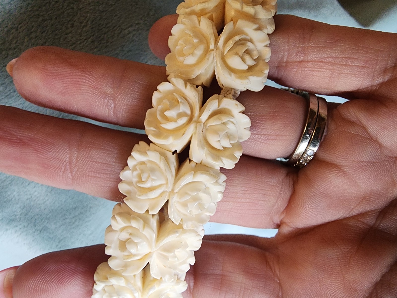 Vintage Carved Rose Bracelet Celluloid Ivory Color Stretch Floral Mid Century