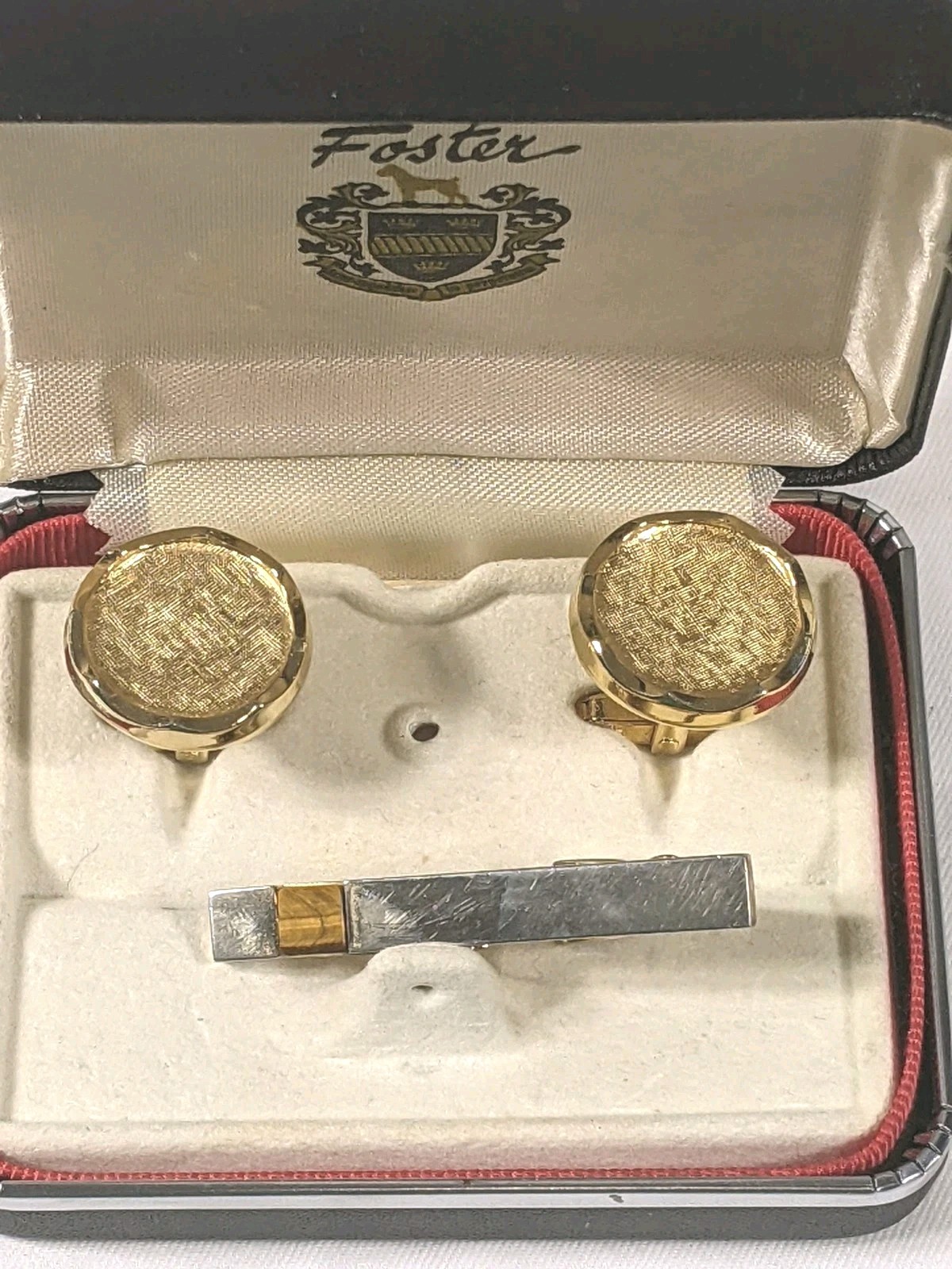 Foster Round Brushed Gold Tone Cuff Links Signed & Unmatched Foster Tie Bar Vtg
