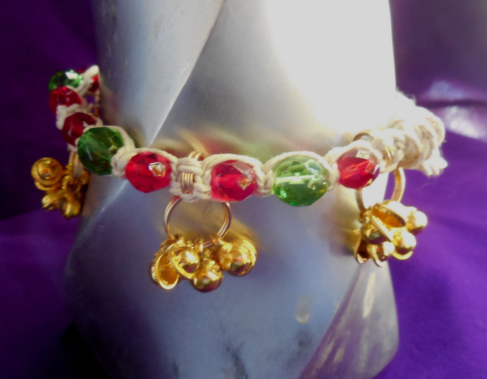 Rasta Hemp Anklet with Gold Bells, Czech Glass Beads Adjustable Macrame Jewelry