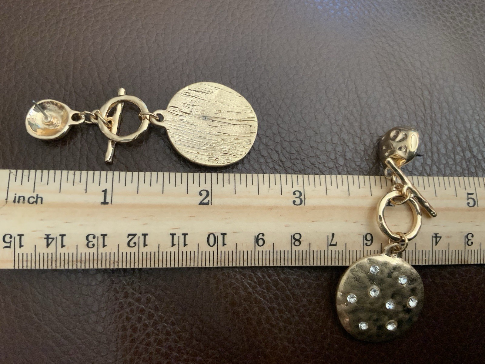 Coin Hammered Earrings Gold Museum Crystal Disc Toggle Statement VTG CZ Boho Art