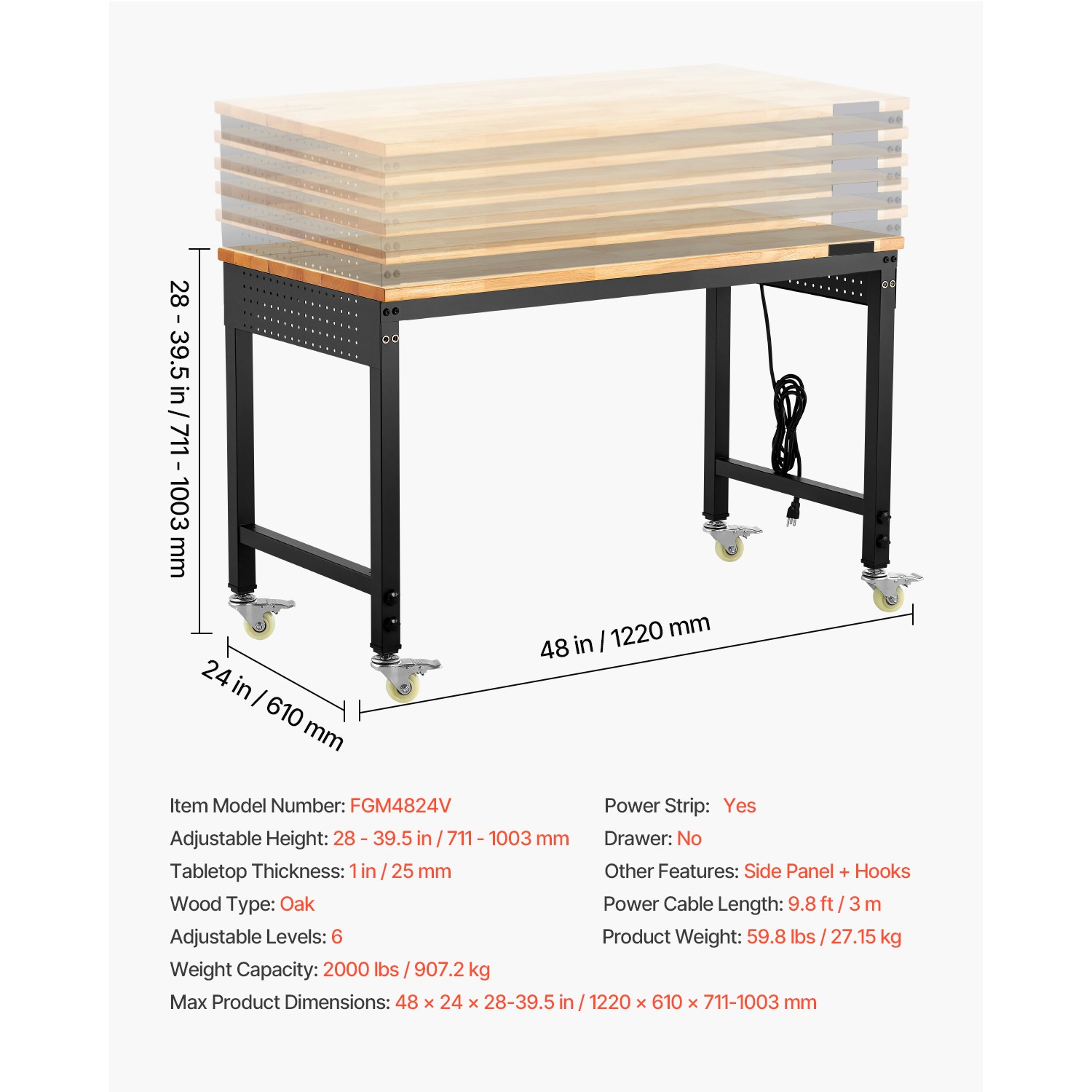 Uimoso 48″ Mobile Workbench with Adjustable Height, Power Outlet & Pegboard
