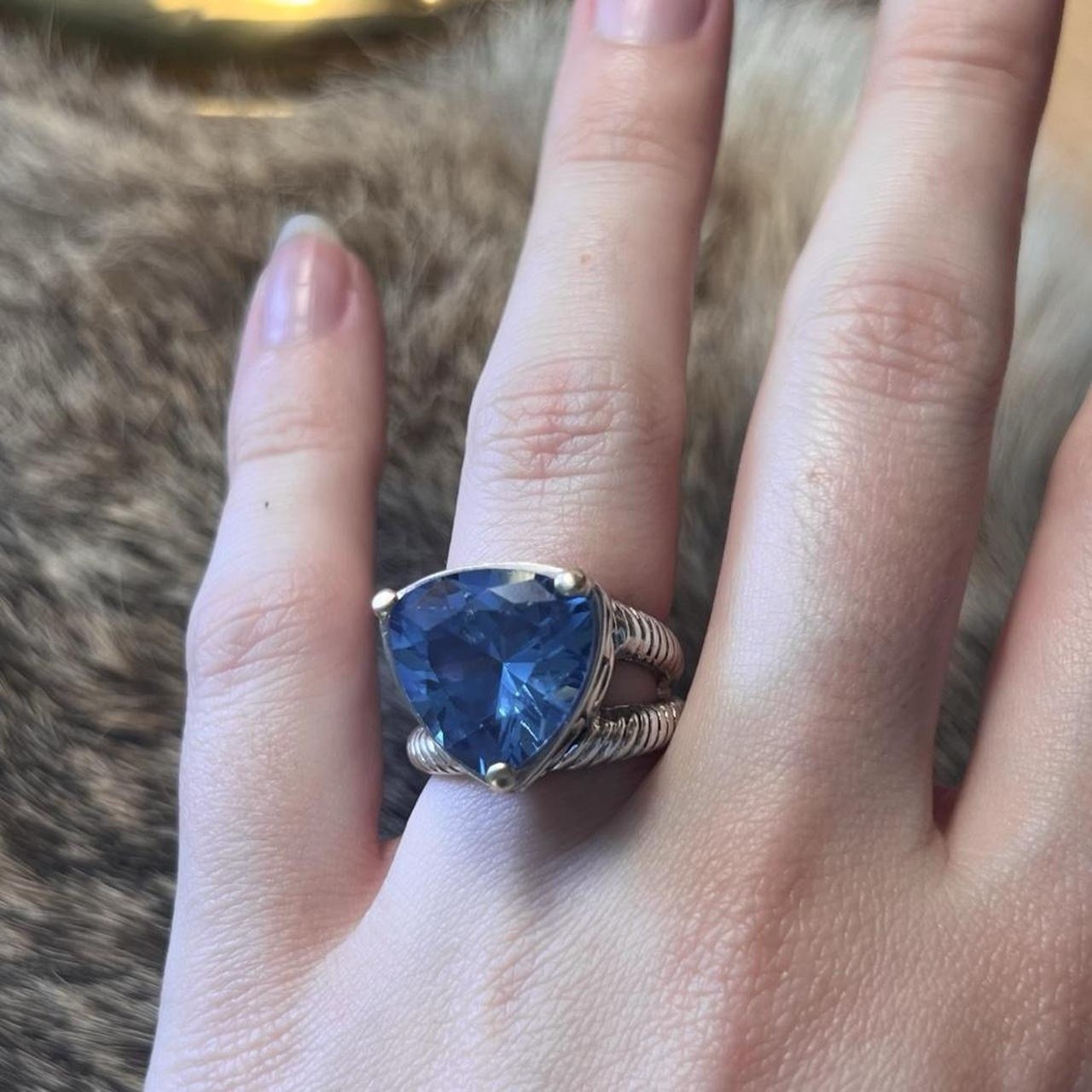 David Schorr Sterling Silver & 18k Gold Blue Topaz Ring 925 Sz: 7.75