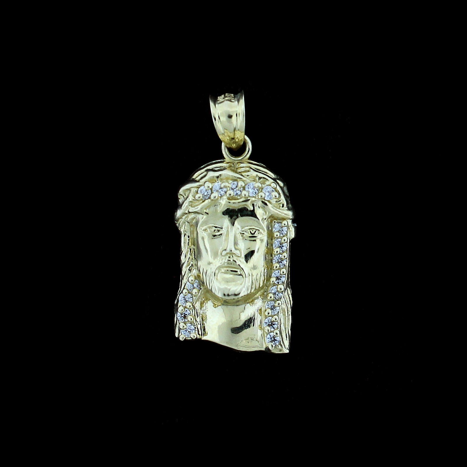 Mens Real 10K Yellow Gold Jesus Head Face CZ Pendant, 10KT Gold Charm