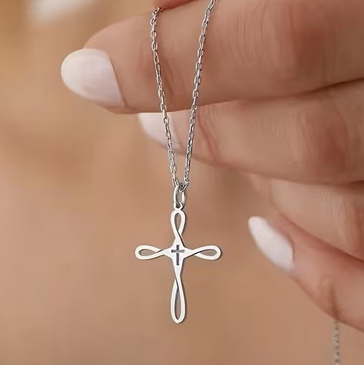 Silver Infinity Cross Necklace Christian Faith Pendant Minimalist Gift Women Her