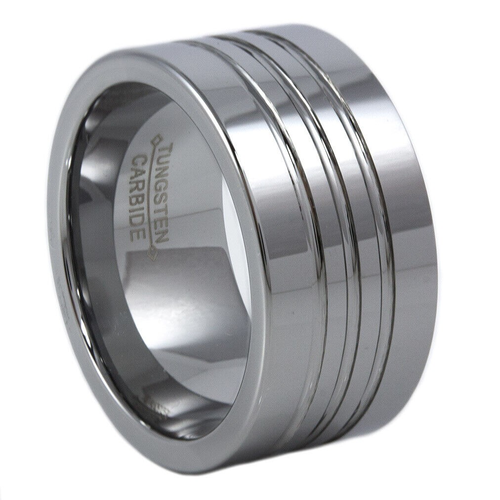 12mm Tungsten Ring Pipe Cut Polished Channels Unisex Szs 8 9 10 11 12 13 14+1/2